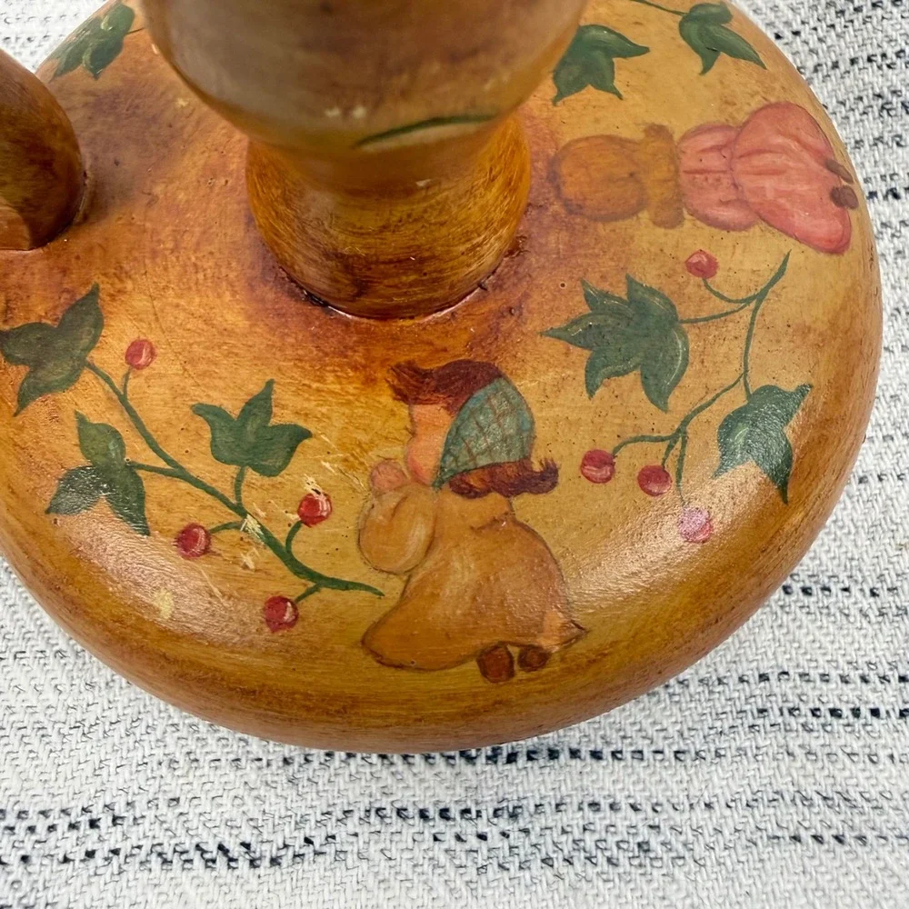 Vintage Hand Painted Folk Art Wooden Candlestick Holder 1960s Signed Cottagecore